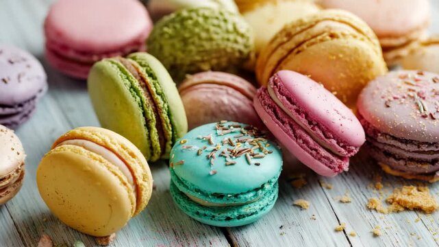 Colorful macarons assortment on wooden table with soft light representing dessert bakery sweets luxury treat and gourmet confectionery concept