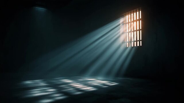 Dark empty prison cell with light rays through barred window creating dramatic shadows concept of isolation confinement freedom and hope