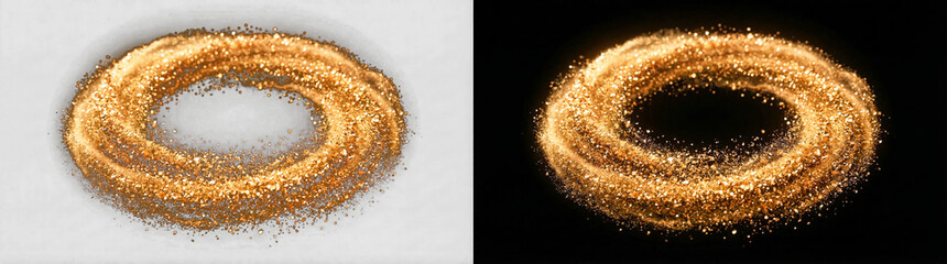 Golden glitter particle ring, sparkling fairy dust circle, magic hoop made of shimmering gold particles and stardust, transparent PNG background, perfect for fantasy, luxury, celebration, and elegant  © Pixora