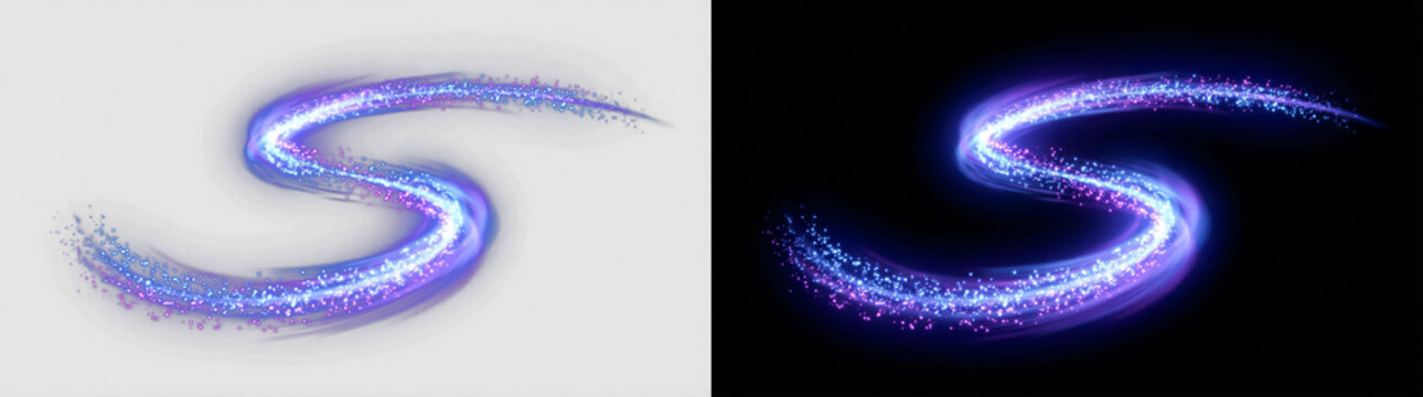 Glowing blue purple magic swish trail, neon particle S-curve wave, electric fairy wand streak with dense sparkling core, transparent PNG background, perfect for fantasy, VFX, and futuristic design ove