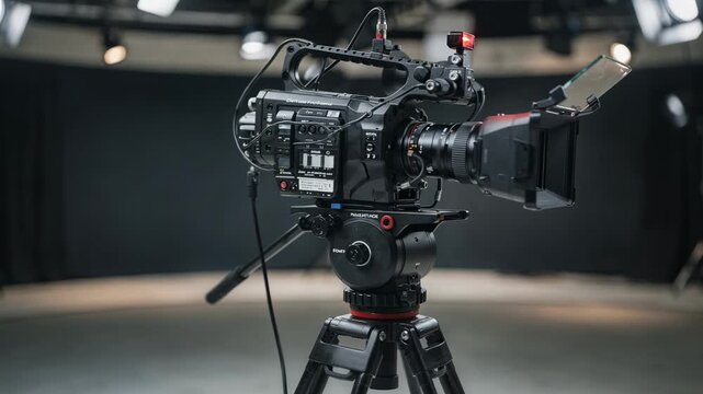 Professional broadcast camera on tripod with teleprompter and tally light sharply focused against blurred studio backdrop highlighting highend production setup.