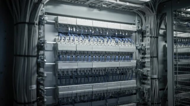 Partial lighting illuminates dense crossconnect cables in a meetme room expansion area with main patch panels crisp and the rest softly out of focus.