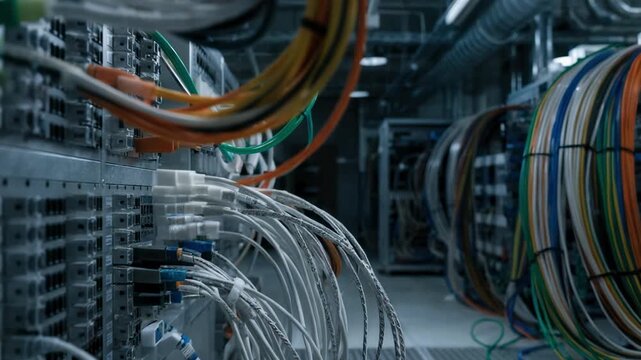 Partial lighting illuminates dense crossconnect cables in a meetme room expansion area with main patch panels crisp and the rest softly out of focus.