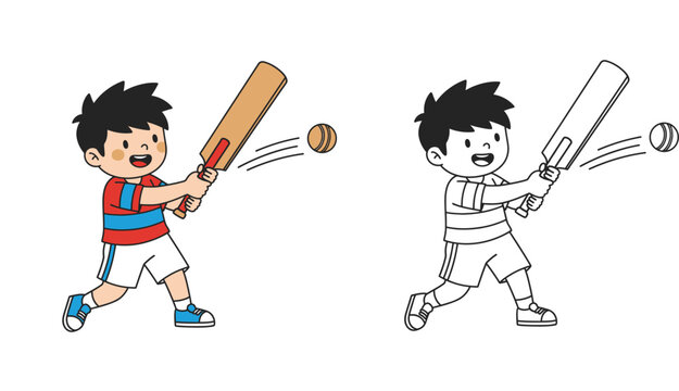Cute little boy playing cricket cartoon vector illustration with colored version and black and white line art for coloring book.