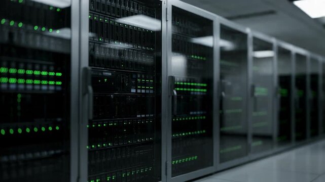 Focused medium shot of backup server racks with solid green LEDs illustrating redundant cloud computing hardware securing live transcoding workflows.