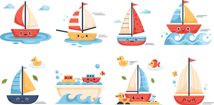 Cute cartoon sailboat characters vector set colorful sailing boats with waves fish ducks playful marine illustration collection isolated background