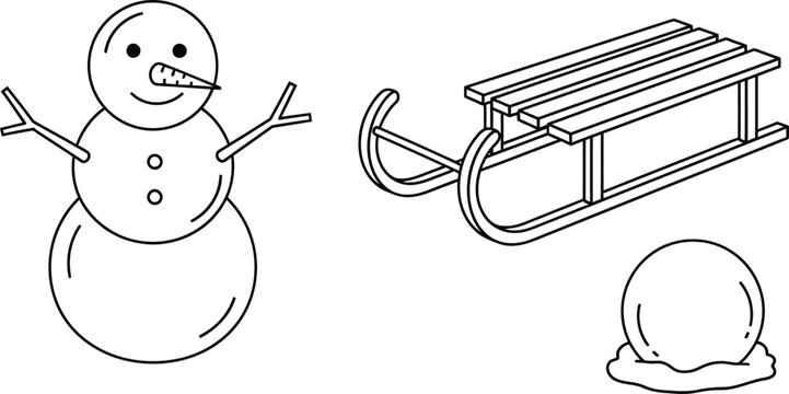 Set of classic winter elements featuring a snowman sled and snowball in a minimalist line art vector illustration ideal for seasonal designs