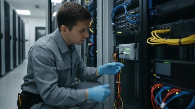 Medium shot of telecom technician swapping SIM cards in an LTE backup device while the rest of the rack remains out of focus illustrating mobile network redundancy.