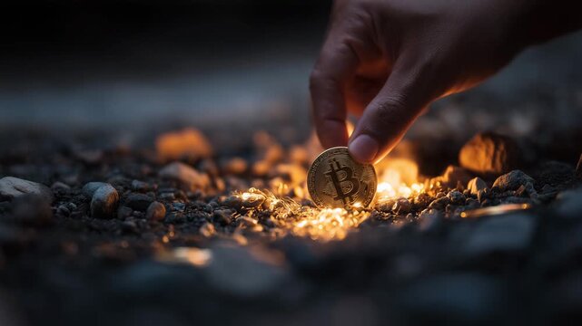 Hand placing bitcoin coin on ground illuminated by warm glowing light cryptocurrency investment concept digital money finance technology future economy macro scene
