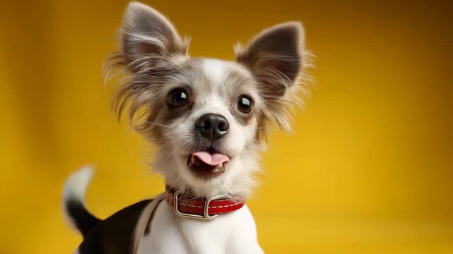 Close up of cute dog with tongue out against bright background capturing playful expression friendly personality and joyful pet lifestyle concept in studio setting