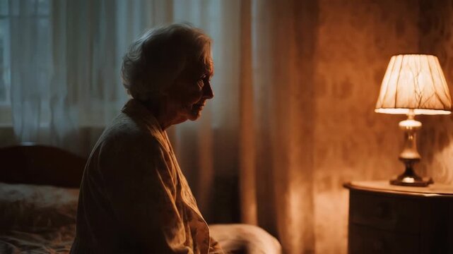 Lonely elderly woman sitting in dark bedroom illuminated by warm bedside lamp quiet night home atmosphere senior female silhouette reflective mood aging concept
