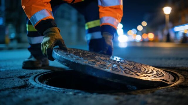 Night scene medium shot of a manhole cover being opened by technician wearing reflective gear sharp focus on hands and blurred city lights.
