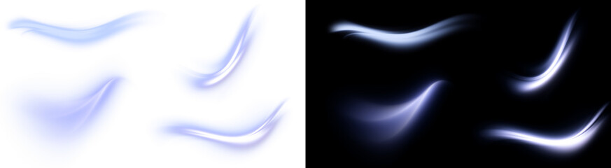 PNG image of Collection of smooth glowing blue light trails and abstract energy wave shapes displayed against white and black backgrounds on transparent background © RifahTasnia