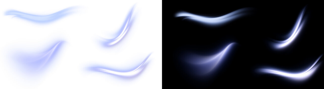PNG image of&nbsp;Collection of smooth glowing blue light trails and abstract energy wave shapes displayed against white and black backgrounds on transparent background