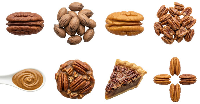 set of pecans (carya illinoinensis) in shell roasted as butter and pie isolated on black background