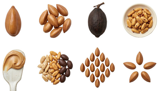 collection of pili nuts (canarium ovatum) shelled roasted and as butter isolated on black background