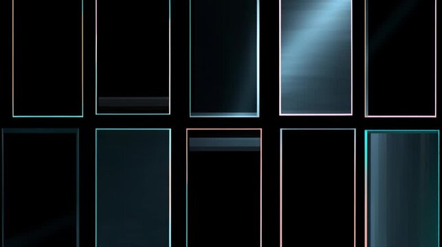 Set of sleek smartphone screen frames with glossy reflections on a dark background, perfect for mobile app presentations, device mockups, technology showcases, and UI visuals.
