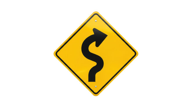 Winding road sign indicating a series of curves ahead on a highway isolated on transparent background