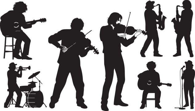 Musical Instruments Player Silhouettes Set: Professional Musicians Playing Violin, Guitar, Saxophone, Trumpet, and Drums. Black and White Vector Illustrations for Jazz Band, Orchestra, and Live Concer