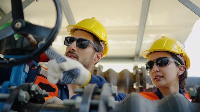 Male and female industrial engineers in safety gear inspecting pipeline valves at a manufacturing plant. The woman uses a walkie-talkie to communicate. Professional teamwork and maintenance.