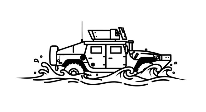 Military Humvee Driving Through Water, Line Art Illustration