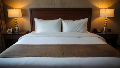 Neatly Arranged Hotel Bed with White Linens, Wooden Headboard, and Warm Bedside Lamp Lighting in Luxury Suite