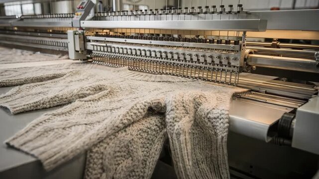 Industrial flatbed knitting setup producing warm wool sweater panels showcasing the textured fibers and mechanical precision in a medium shot framed to emphasize craftsmanship.