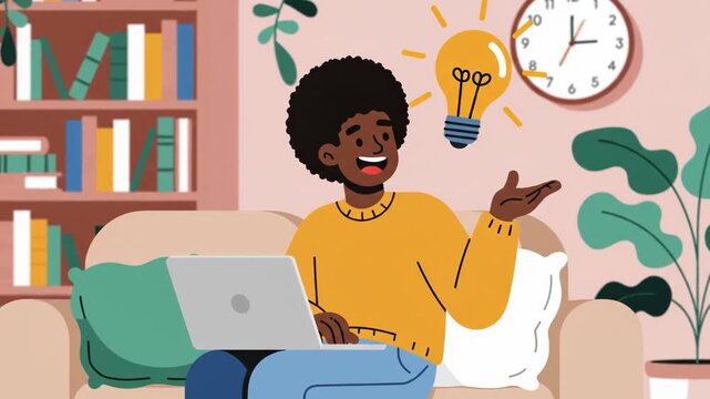 woman sits comfortably on couch with laptop in cozy living room with clock and bookshelf in the background