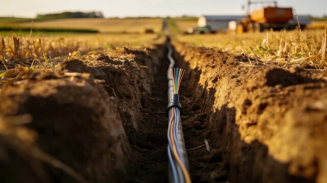 Medium shot of fiber installation running through a farmland corridor the fiber cable and trench sharply detailed with fields and farm equipment out of focus.