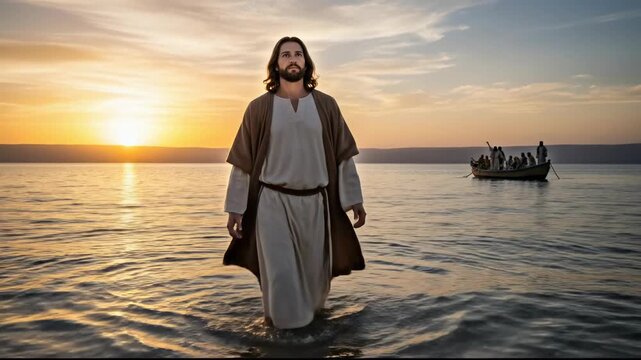 Jesus Christ walking on water at sunset, a profound divine miracle, revealing faith and spiritual power, an iconic biblical parable of Christian theology.