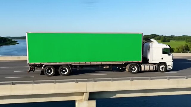 White Semi-Truck with Green Screen Trailer Driving on Highway Bridge Mockup
