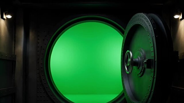 Open Round Bank Vault Door with Green Screen Interior Mockup