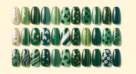 A collection of green and gold painted nails with various designs