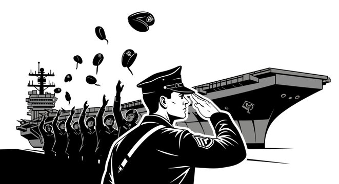 Military Salute and Farewell: Aircraft Carrier Departure with Sailors Throwing Hats