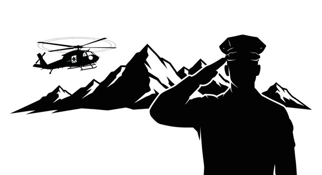 Military Salute in Mountains with Helicopter