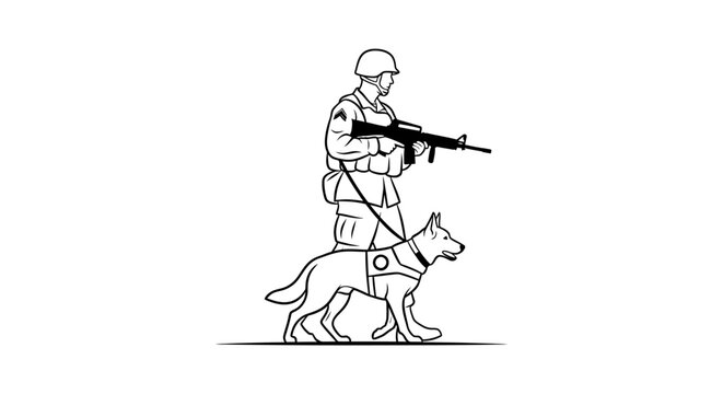 Military Soldier and K9 Unit Dog Handler with Assault Rifle