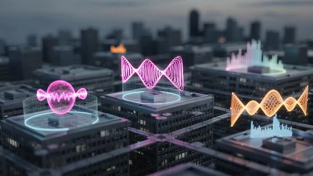 Interactive 3D map with focused AI algorithms adjusting frequencies on building rooftops featuring an artfully blurred cityscape to enhance depth.