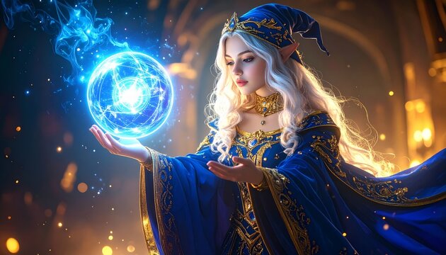 Elegant Elven Sorceress Conjuring a Luminous Blue Orb of Arcane Power
