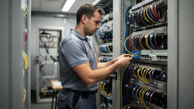 Medium shot of a technician configuring patch panels in a small business telecom equipment room with racks sharply focused against a blurred background.