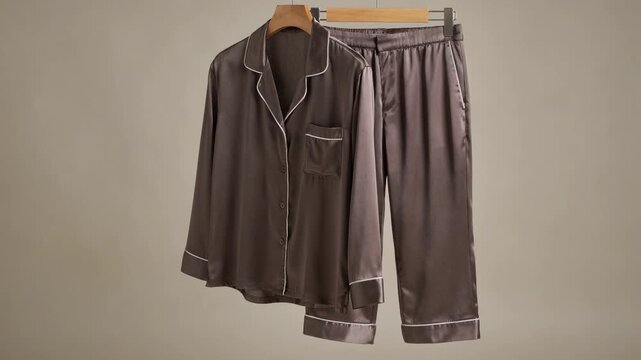 Medium shot of a twopiece contrast trim satin pajama set showcasing the elegant interplay of colors with finely detailed buttons and borders for a sophisticated sleepwear style.