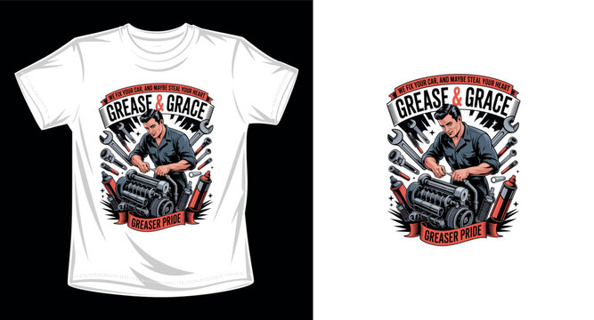 Grease and grace graphic vector art t-shirt design print template for mechanics and car enthusiasts, vintage style 