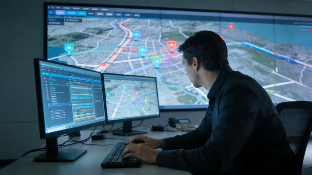 Medium shot of AIoptimized network operations center during day shift large wall screens displaying live traffic maps with predictive alerts operator focused on data analysis.