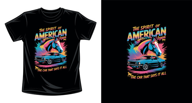 The spirit of American legend horse and mustang car retro sunset graphic vector art t-shirt design print template	
