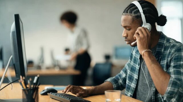 Medium shot of technician adjusting cloud PBX autoattendant settings on a computer with blurred office background for clear feature emphasis.