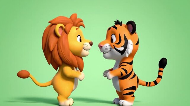 Cute cartoon lion and tiger characters dancing together loop, whimsical wild animal animation 4K