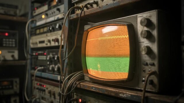 Medium shot inside vintage equipment storage analog tape decks and patch panels on metal racks highlighted tube monitor in the foreground sharply detailed against soft indistinct