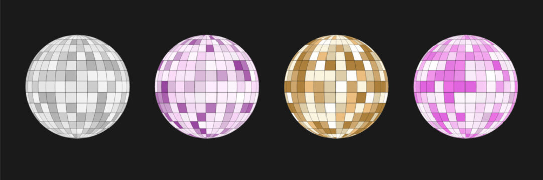 Pink and gold glitterball with shiny mirror pattern and glowing reflections in 80s aesthetic. Vector illustration isolated for club poster, music party design and dance celebration print
