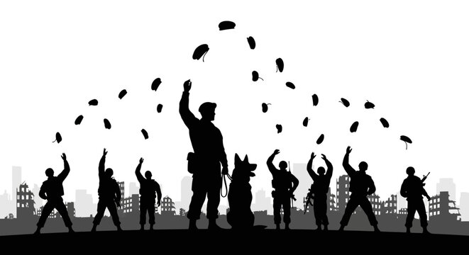 Military Team Celebration Silhouette with Parachutes and Dog in Ruined City