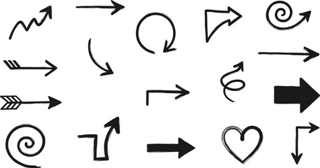 Hand drawn arrow doodle collection with sketch directional arrows, curved swirl pointers, navigation symbols for infographic design vector set