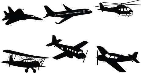 Collection of six diverse aircraft silhouettes, black vector icons of fighter jet, commercial airplane, helicopter, and vintage biplane isolated on white. © Only